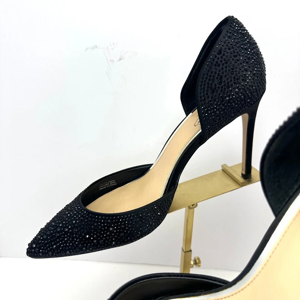 Jewel Badgley Mischka Black Rhinestone d'Orsay Pointed Toe Stiletto Pumps Size 8
